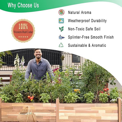 Western Red Cedar Raised Garden Bed (8ft L x 2ft W x 9in H), Wood Planter Box with Multiple Acessories for Growing Herbs, Vegetables, Flowers