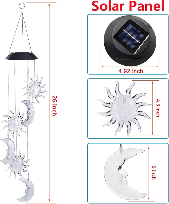 Solar Sun and Moon Wind Chimes Outdoor - Waterproof Mobile Romantic Changing Light Color Wind Chime, Sun Moon Windchimes for Xmas Mom Gifts, Home, Party, Festival Decor, Night Garden Decoration
