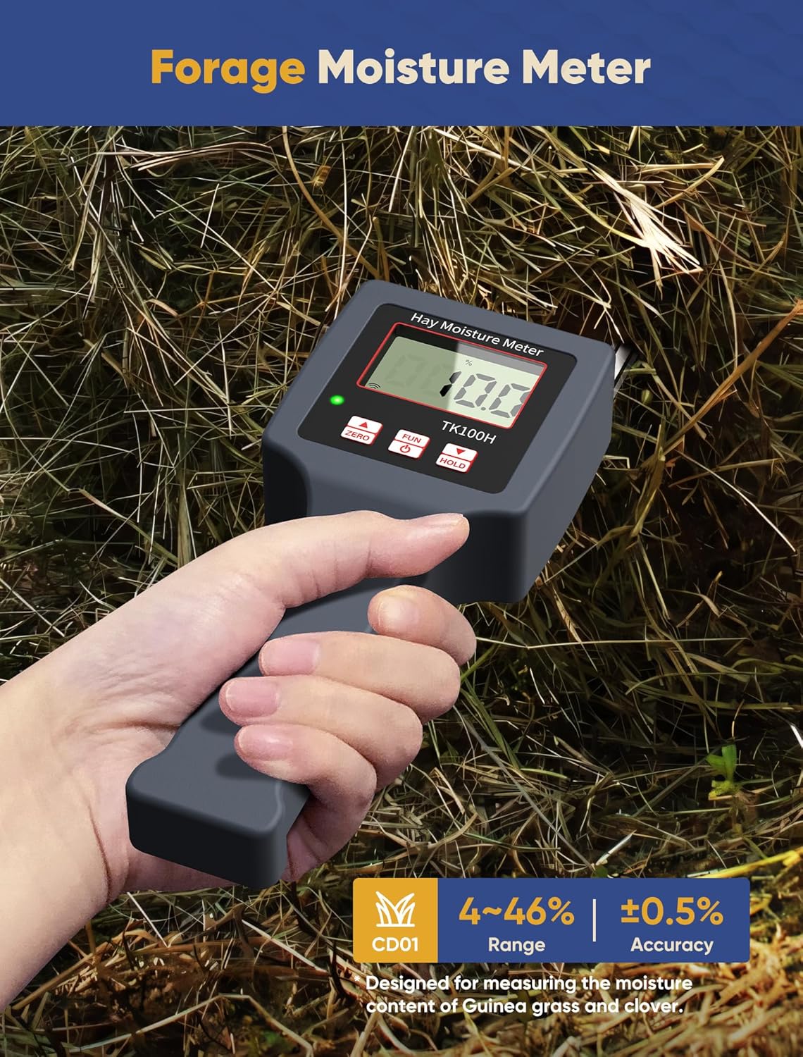Hay Moisture Tester with Probe Accurate Moisture & Temperature Detection, Portable Hay Bale Moisture Tester for Forage and Alfalfa, with LED Warning & Automatic Temperature Compensation Moisture Meter