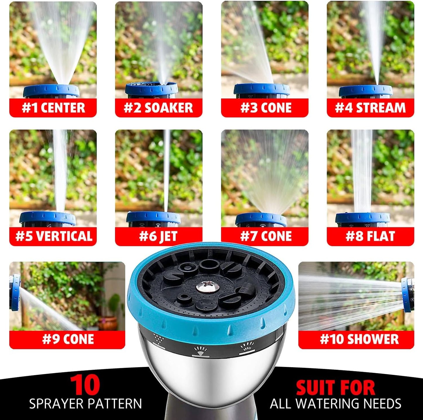 Garden Hose Nozzle, Durable High Pressure Water Hose Sprayer Nozzle with 10 Patterns for Watering Plants, Washing Cars, Cleaning Patio, Showering Pets