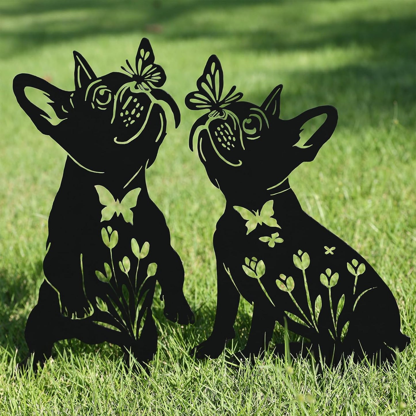 Metal Pug Garden Decor for Outside (2 Pack), 14" Yard Art Stakes,Unique Gift for Kitty Lovers, Outdoor Lawn Statues and Weather Resistant Yard Art