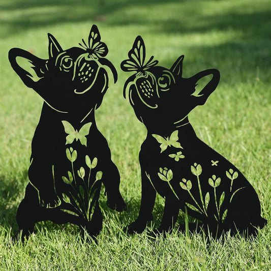 Metal Pug Garden Decor for Outside (2 Pack), 14" Yard Art Stakes,Unique Gift for Kitty Lovers, Outdoor Lawn Statues and Weather Resistant Yard Art