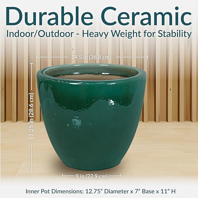 Sunnydaze Large Ceramic Plant Pot - Round Outdoor Glazed Ceramic Planter Pot with Drainage - Resort - Dark Green - 14.5"