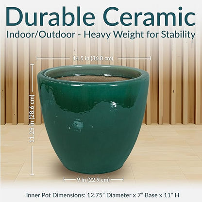 Sunnydaze Large Ceramic Plant Pot - Round Outdoor Glazed Ceramic Planter Pot with Drainage - Resort - Dark Green - 14.5"