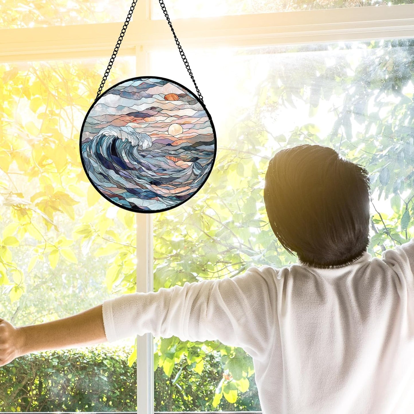 Stained Glass Window Hanging, Sunrise Waves Sun Catchers Diamond Glass Panel Hangings Abstract Suncatcher Decor for Birthday for Women, Men, Wife, Aunt, and Mom 6.3 in