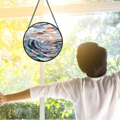 Stained Glass Window Hanging, Sunrise Waves Sun Catchers Diamond Glass Panel Hangings Abstract Suncatcher Decor for Birthday for Women, Men, Wife, Aunt, and Mom 6.3 in