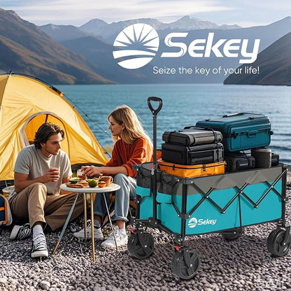 Collapsible Wagon Cart with Big All-Terrain Beach Wheels, Foldable Heavy Duty Wagons with Cup Holders, Utility Carts for Camping, Garden, Outdoor, Grocery, Sports. Turquoise