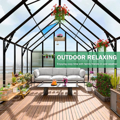 10x16 FT Greenhouse for Outdoor, Large Easy Assembly Heavy Duty Polycarbonate Panels Aluminum Frame Walk-in Green House with 3 Windows Wider Door for Garden Plants