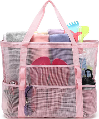 Mesh Beach Bag, Large Beach Tote with Zipper Pocket for Family Pool Bag for Toys & Vacation Essentials