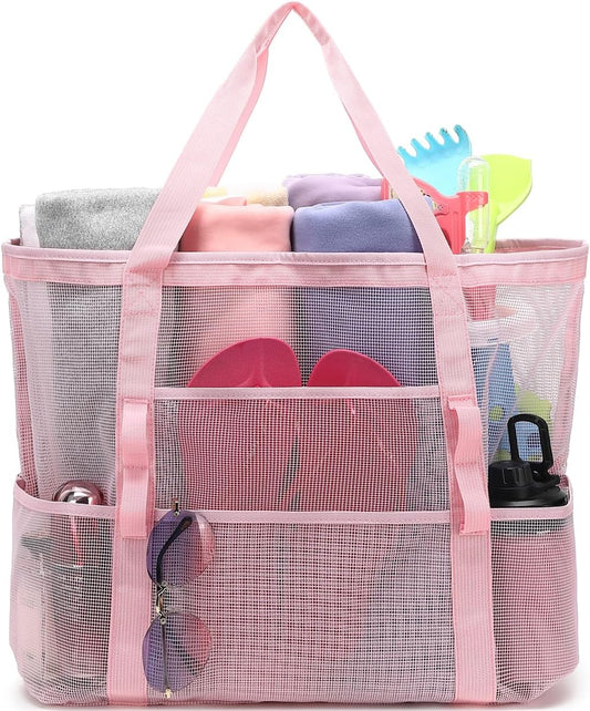 Mesh Beach Bag, Large Beach Tote with Zipper Pocket for Family Pool Bag for Toys & Vacation Essentials