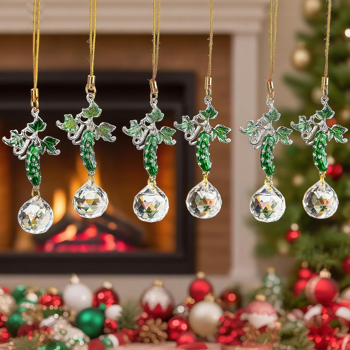 H&D HYALINE & DORA Set of 6 Rhinestones Pickle Crystal Suncatcher Pendant Xmas Cucumber Rainbow Sun Catcher for Windows Garden Home Decor