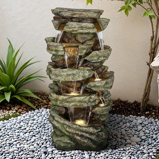 SunJet 59" High Multi-Tiers Cascading Rock Outdoor Water Fountain with LED Lights - Large Outdoor Fountains and Waterfalls for Garden or Patio, Yard, and Deck Decor, Featuring Natural Stone Look