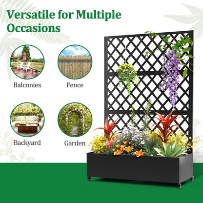 Metal Raised Garden Bed with Trellis and Wheels, 2 in 1 Trellis with Planter Box & Privacy Screen for Climbing Plants, Outdoor Standing Flower Beds with Drainage Holes, 47.2''L×15.7''W×70.9''H, Black