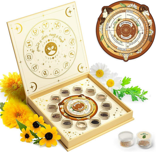 LUSH&DEW Zodiac Garden Seed Bank, 12 Varieties Non-GMO USA-Sourced Heirloom Herb Flower Seeds with Moon Calendar, Gardening Gift for Women Men, Witchcraft Supplies, Earth Sign (Taurus Virgo Capricorn)