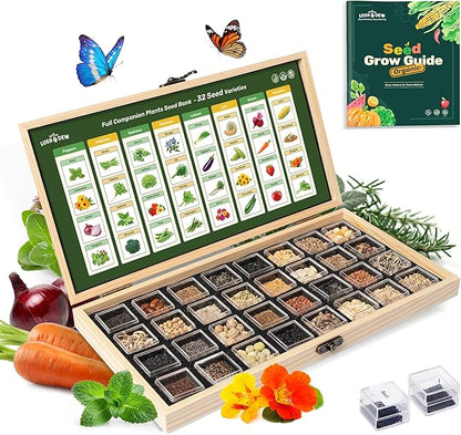LUSH&DEW Companion Plants Heirloom Seed Bank, Gardening Gifts, 32 Varieties 30,000+ Non-GMO Fall Winter Vegetable Seeds for Planting in Garden Beds Greenhouse, Survival Seed Kit Emergency Food Supply