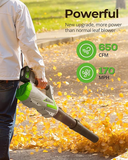 Leaf Blower Cordless 650CFM/170MPH with 2×4000mAh Batteries and Charger, PATOOLIO 5 Speed Mode Cordless Blower Handheld for Patio, Lawn Care, Snow Blowing, Leaves Blowing