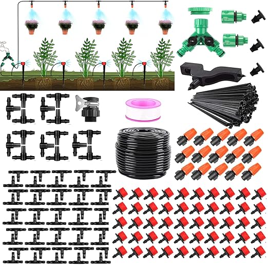 Drip Irrigation System Kit, 164Ft Automatic Quick Connector Adjustable Garden Watering System for Greenhouse, Yard, Lawn, Plant with Irrigation Tubing Hose and Accessories