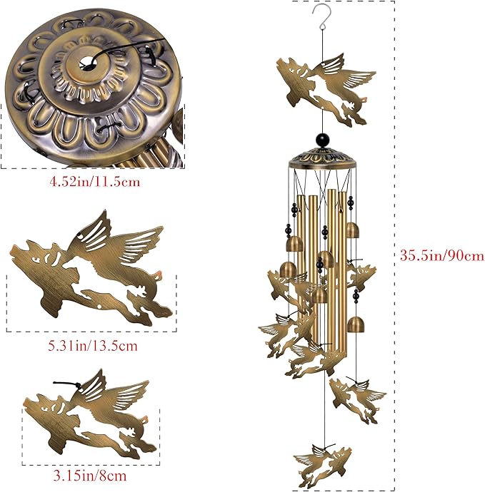 Outside Flying Pig and Horse Wind Chimes Decorate, Memorial Wind Chimes, Pigs Wind Catcher, Mobile Bronze Horses Pigs Wind Bells for Home, Yard, Tree, Patio, Garden Decoration, Festival Gifts for Mom