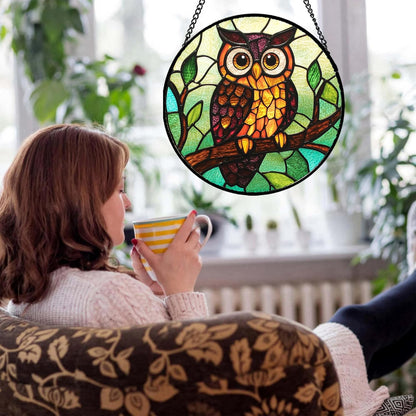 Stained Glass Window Hanging - Owl on a Branch Suncatcher for Doors Window Home Orange Brown Sun Catchers Decor Christmas Mother's Day Birthday Gifts for Teacher Women Men Mom Nana 9.8 in