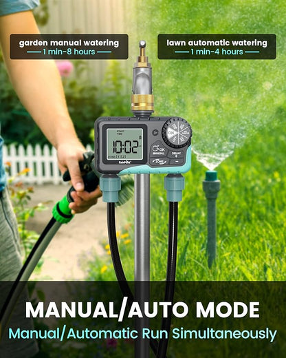 RAINPOINT Sprinkler Timer 2 Outlet, Water Timer for Garden Hose, Drip Irrigation Timer for Yard Outdoor Watering, Rain Delay/Manual/Automatic System Controller Brass Inlet, V2