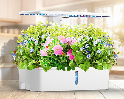 Hydroponics Growing System Kit 12 Pods, Hydroponic Herb Garden Kit Indoor with 24W LED Grow Light, Smart Indoor Garden, Height Adjustable, Auto Timer, Quiet Pump, Gardening Gifts for Mom Women, White