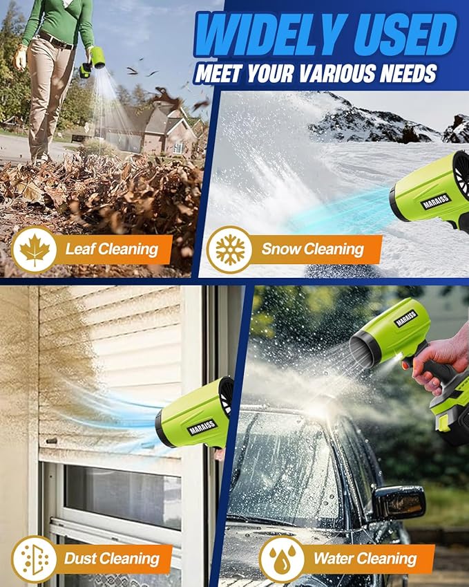 Cordless Leaf Blower with 2 X 4.0A 20000mAh Batteries Brushless Motor, Lightweight Low Decibel Turbo Jet Blower with Pro Earplugs for Patio Cleaning,Car Blowing Water, Blowing Leaves and Dust (Green)