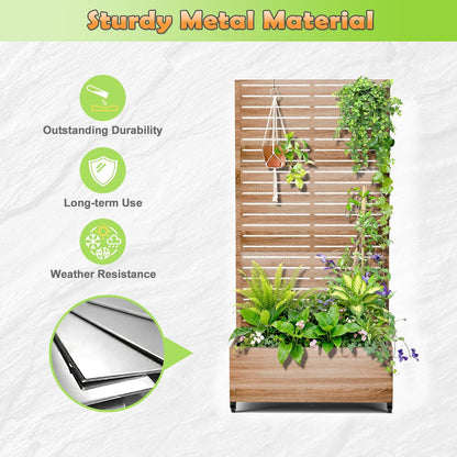 Metal Raised Garden Bed with Trellis, 2-in-1 Planter Box & Privacy Screen for Climbing Plants, Outdoor Standing Flower Bed with Drainage Holes, 35.4" L x 15.7" W x 70.1" H, Cut Oak Grain