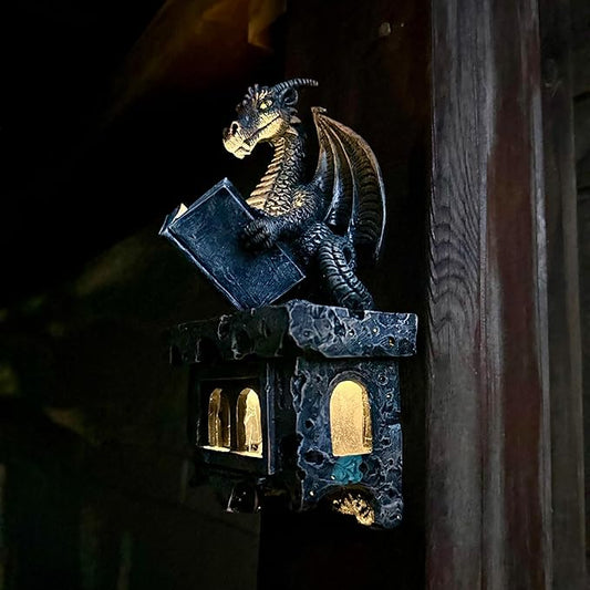Garden Dragon Statue Tree Hugger Solar Powered Outdoor Figurine Wall Hanging Decor Cute and Reading Magic Book Resin Sculpture Home Decoration Porch Patio Lawn Farm Yard Housewarming Ornament Gift