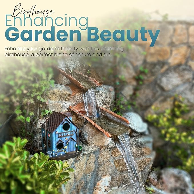 Enchanted Forest Outdoor Birdhouse for Hanging - Deluxe Multi-Family Design, Multiple 1.65" Entrance Holes, Swing Perch, Seed Tray, Water Dish, Butterfly & Flower Accents, Weather Resistant Resin