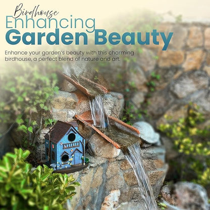 Enchanted Forest Outdoor Birdhouse for Hanging - Deluxe Multi-Family Design, Multiple 1.65" Entrance Holes, Swing Perch, Seed Tray, Water Dish, Butterfly & Flower Accents, Weather Resistant Resin