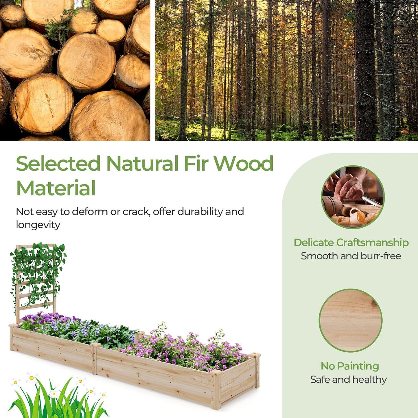 S AFSTAR Raised Garden Bed with Trellis & Planter Box, 93" L x 25" W x 40" H Outdoor Wooden Planter Box Kit for Flower Herb Vegetable Fruit Climbing Vines, Elevated Gardening Bed for Garden Patio