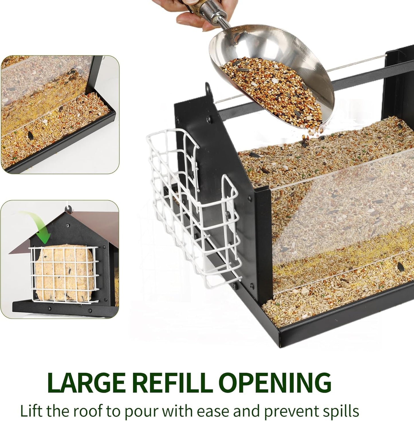 Solution4Patio Brown Roof Outdoors Hanging Bird Feeders, All Metal, Double Suet Cake and Large Capacity, Hopper Tray & Weatherproof for Finch, Cardinal & Chickadee