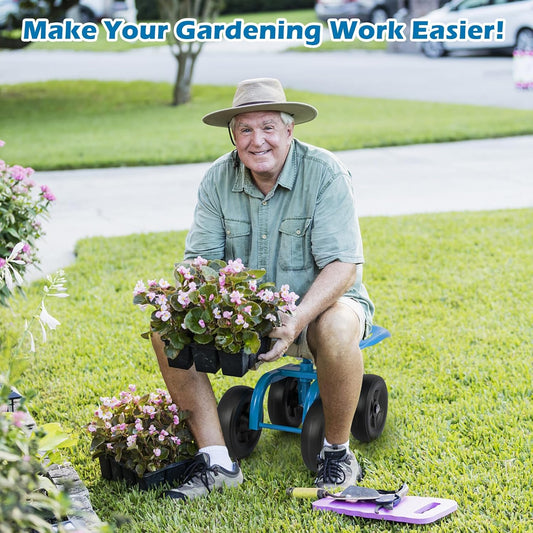 Goplus Garden Cart with Wheels, Utility Stool Cart w/Adjustable 360 Degree Swivel Seat, Outdoor Lawn Yard Rolling Work Seat, Garden Scooter for Planting (Blue)