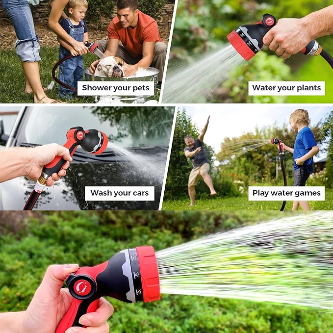 YASQA 50 ft Garden Hose with Nozzle,Lightweight 5/8in Water Hose with 10 Functions Spray Nozzle,3/4'' Heavy Duty Brass Fittings,Durable Kink Free Rubber Pipe for Yard, Car, Pets,Outdoor