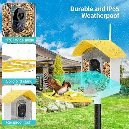 Smart Bird Feeder with Camera, AI Identify Birds Breed, Solar-Powered WiFi FHD 2K Live Camera, Auto Capture Backyard Garden Bird Watching, Motion Detection, Cloud and SD Card Storage,Yellow