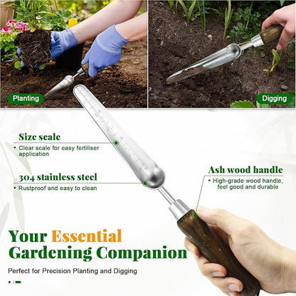 Narrow Stainless Steel Garden Trowel with Wood Handle - Heavy Duty Hand Shovel for Precise Planting, Weeding, Digging & Transplanting - Ergonomic Gardening Tool with Depth Markings