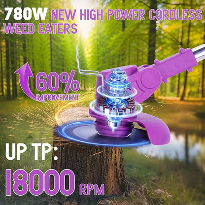 Weed Wacker Cordless Adjustable Weed Eaters 3 in 1 Electric String Trimmer Lawn with Two Battery with Charger Comes with Multiple Blades for Yard,Green,Garden(Purple)