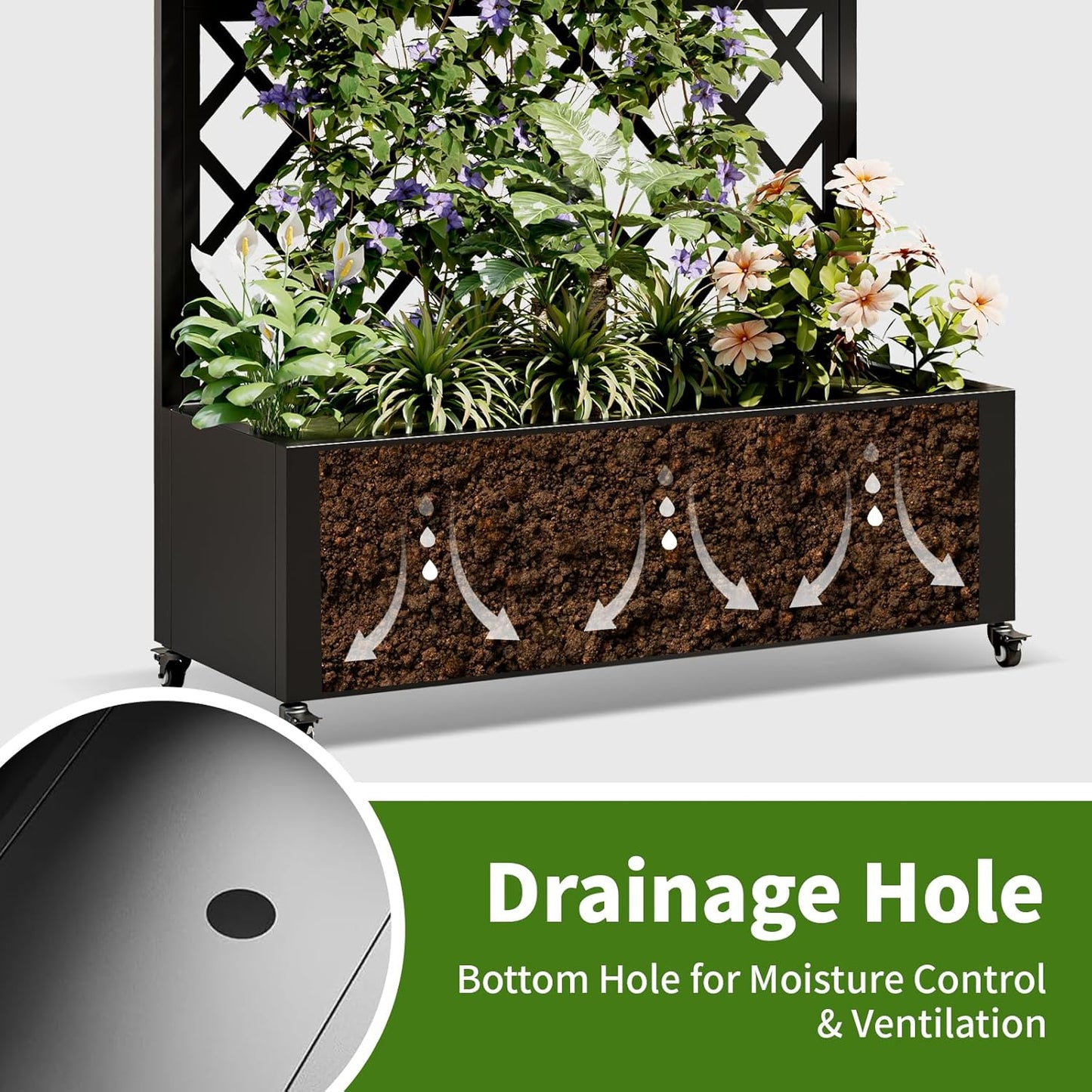 Metal Planter Box with Trellis and Wheels, 73"x35"x16" Galvanized Steel Raised Garden Bed with Drainage Holes and Privacy Screen Function for Climbing Plants, Vegetables, Flowers, and Vines–Black