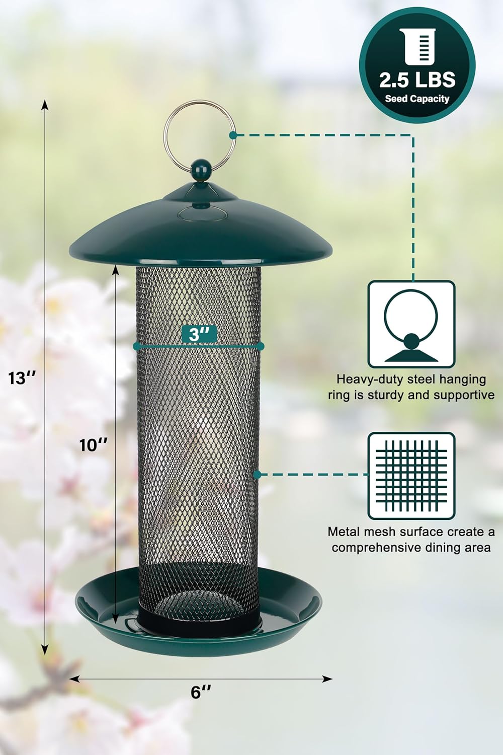 Gtongoko Finch Bird Feeders for Outdoors 2.5 LB Capacity Squirrel Proof Metal Tube Bird Feeders Thistle & Nyjer Seed Hanging Feeder, Green