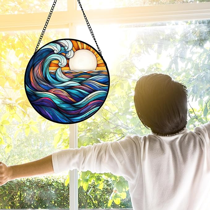 Stained Glass Window Hanging, Big Wave Sun Suncatcher Diamond Glass Panel Hangings Abstract Sun Catchers Decor for Birthday for Women, Men, Wife, Aunt, and Mom 9.8 in