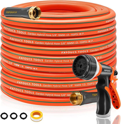 Heavy Duty Garden Hose – 5/8 Inch Flexible, Lightweight Hybrid Hose with 600 PSI Burst Pressure, Swivel Handle, and Durable Copper Male/Female Fittings (Orange with hose sprayer, 100FT)