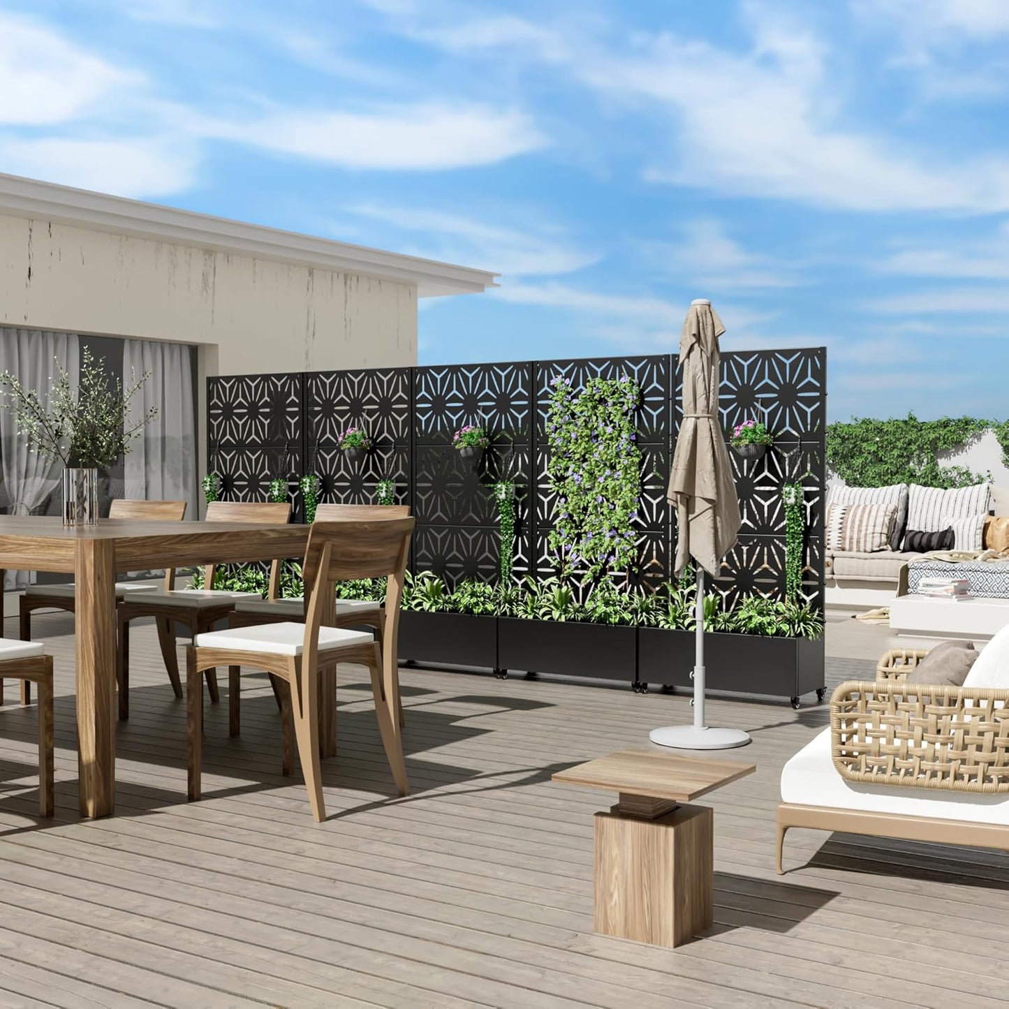 Casaphoria Metal Raised Garden Bed with Trellis and Wheels, 72"x35"x16" Planter Box for Climbing Plants, Vegetables & Vines, Features Drainage Holes and Privacy Screen (Black-Star)