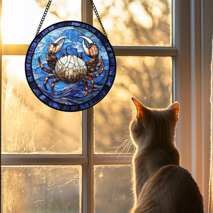 Stained Glass Window Hanging 4 Pcs Set Blue Ocean Waves Large 15" - Starfish Crab Seal Suncatcher Door Garden Sun Catcher Decor Birthday for Mom Woman Nana Men Friend