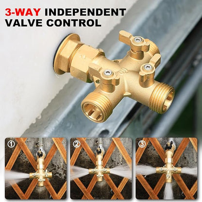 Garden Hose Splitter High Flow Splitter No Restricted-Flow Connector Heavy Duty Brass Hose Splitter with Shut Off Valves 3 way Hose Bib Adapter (Cross 3 way)
