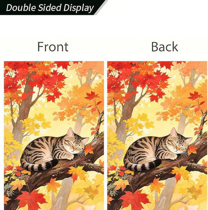 Thanksgiving Fall Garden Flag 12x18 Inch Welcome Tabby Cat Flag Double Sided Outdoor Autumn Yard Banner Sleeping Kitty and Colorful Leaves for Porch Lawn Patio Seasonal Decor
