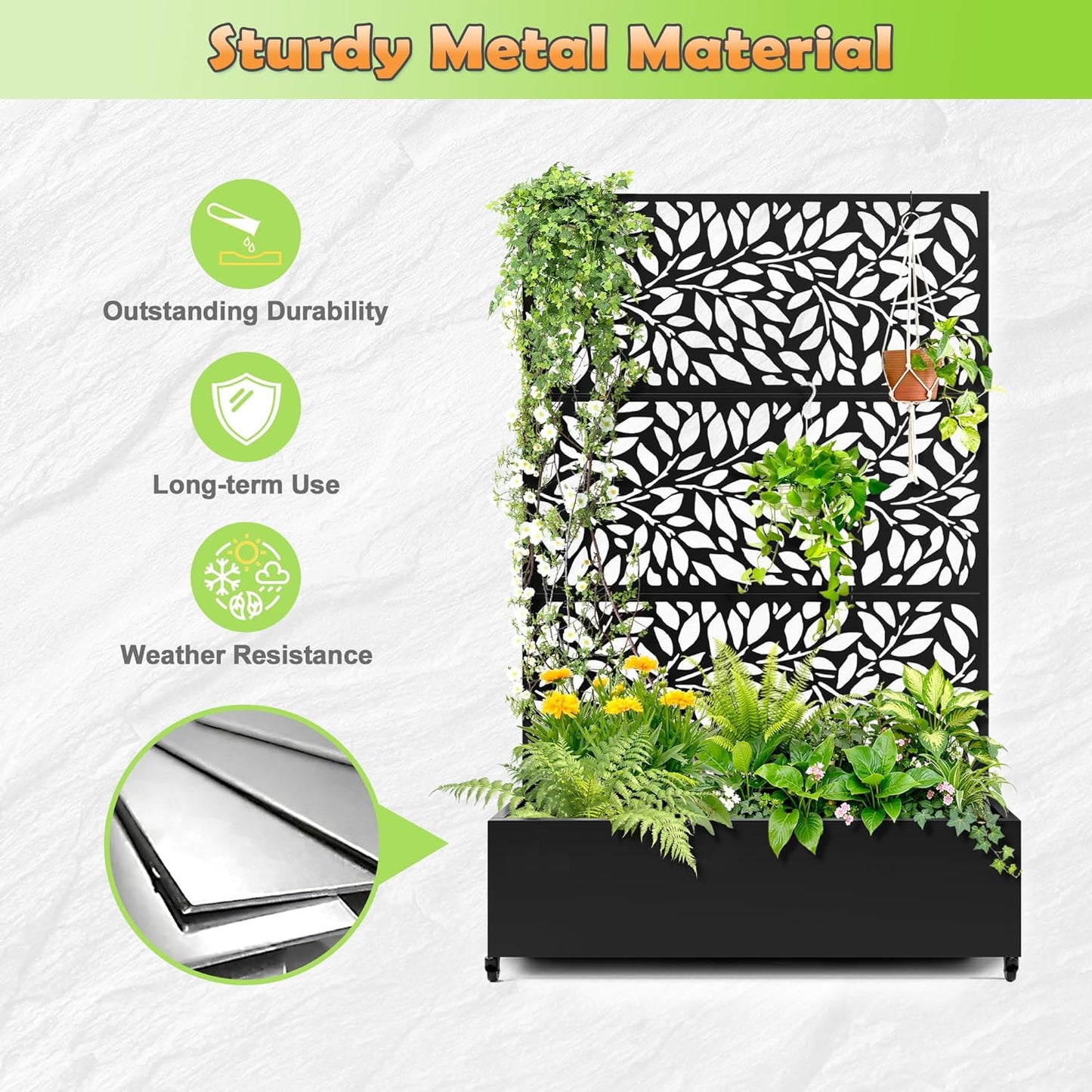 Metal Raised Garden Bed with Trellis, 2 in 1 Trellis with Planter Box & Privacy Screen for Climbing Plants, Vine, Outdoor Standing Flower Beds with Drainage Holes,47.2" L x 16.7" W x 70.8" H,(Black)