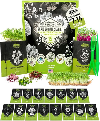 15 Tactiko Rapid Growth Microgreens & Vegetable Seed Kit – Heirloom Non-GMO Grown in USA – for Everyday or Survival Use – Sprout Indoors or Grow Full-Size Veggies in Soil, Containers, or Hydroponics