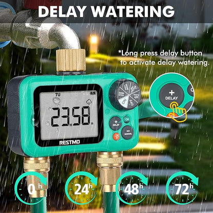 RESTMO Sprinkler Timer with Brass Inlet & Outlet, 3 Separate Programs Water Timer for Garden Hose, Manual/Rain Delay/Automatic Watering for Drip Irrigation and Lawn, 2 Outlet