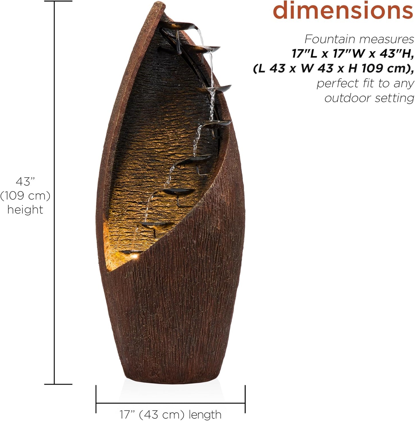 Alpine Corporation GIL122 43" Outdoor Floor Contemporary Tiered Bronze Metal Water Fountain with LED Lights, Stylish Outdoor Water Feature for Garden and Patio Décor, Brown