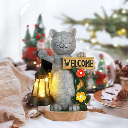 Solar Cat Statue Outdoor Decor-9.4" Welcome Garden with Sculpture Solar Lantern Flowers,Weatherproof Resin Art for Patio, Lawn,Yard Outside, for Women,Grandma,Adults,Kids,Cat Lovers